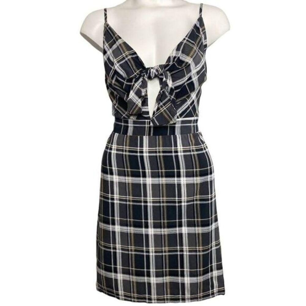 Project 28 Mini Dress‎ Women's XL Gray White Black Plaid Adjustable Straps NEW